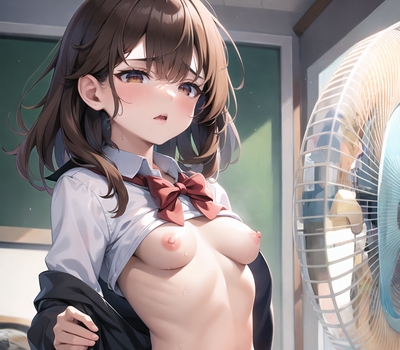 扇風機の前で半裸になって涼む汗だくの女子校生